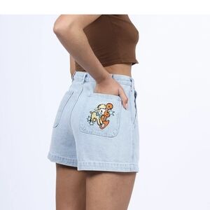 Nwt Obey High Waisted  Women's Light Blue Denim Shorts with Cartoon Patch